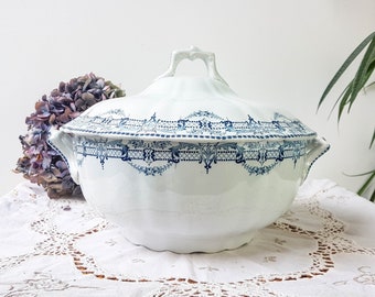 Saint amand "du barry" soup tureen Earthenware tureen Blue flower decor ~ Old dish ~ French Antique transferware