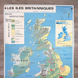 Vintage School Map "The British Isles" - Éditions M.D.I, 1982, Made in France - Old geography map - Wall decoration