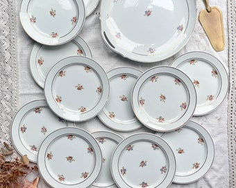Vintage floral porcelain dessert service HBCM MONTEREAU - Small flower dessert plates - Vintage porcelain pie dish