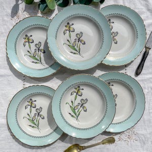 6 Vintage white and green porcelain soup plates Iris Moulin des Loups &quot;Sargosse&quot; 1950s - Vintage floral tableware