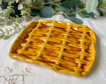 Salvamanteles de cerámica vintage con efecto trenzado – color ámbar – decoración de mesa retro
