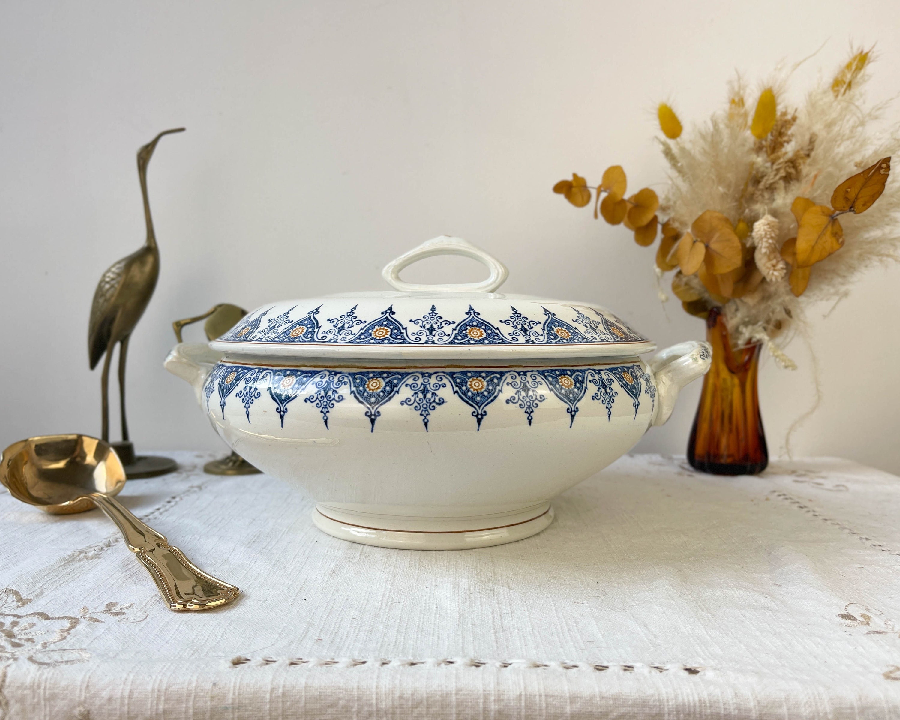 Soupière Vintage Terre de Fer Saint Amand Motif Bleu Orange ~ Service Table Plat Vaisselle Fer