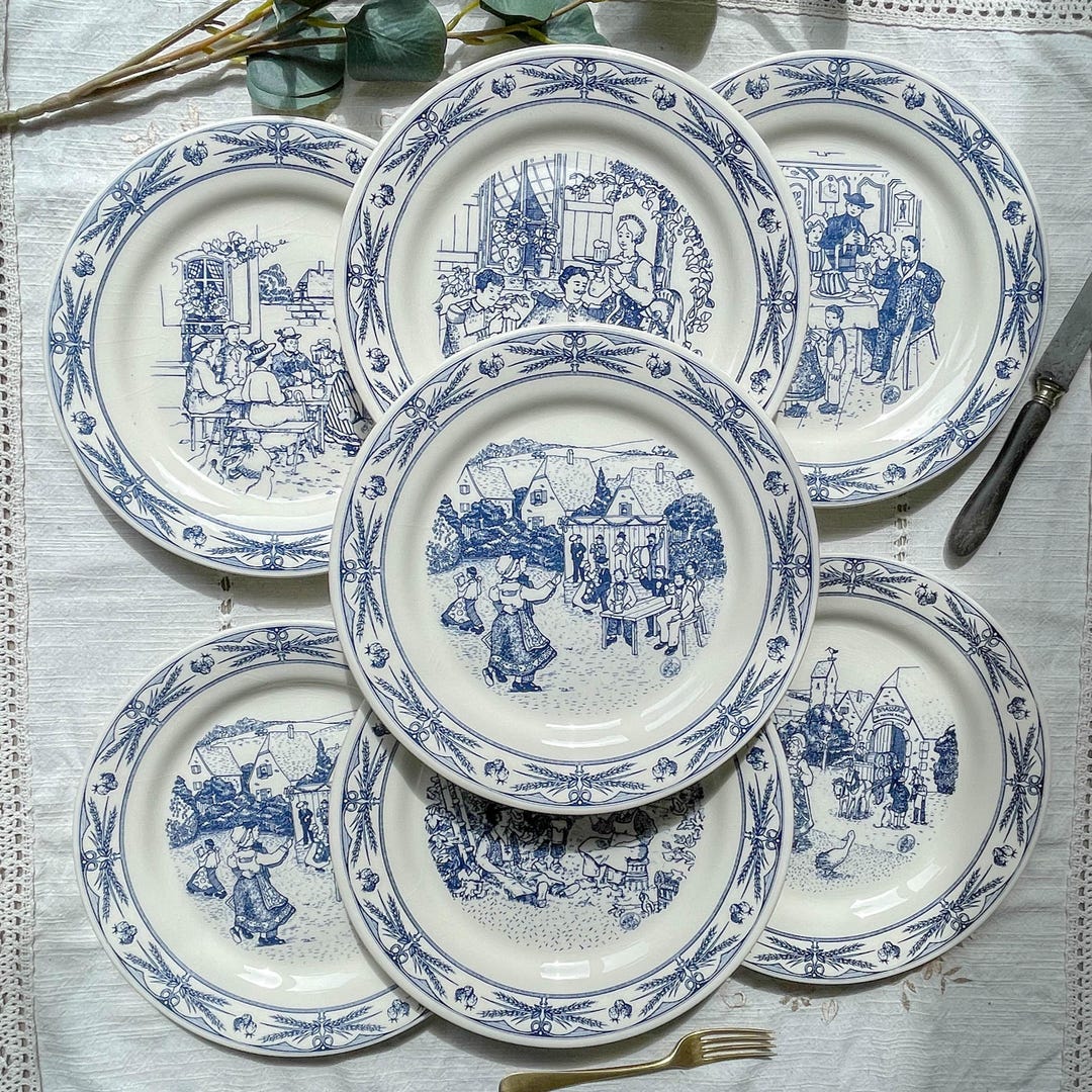 Set of 7 Antique Gien Earthenware Dinner Plates - Ball Scene - Alsatian ...