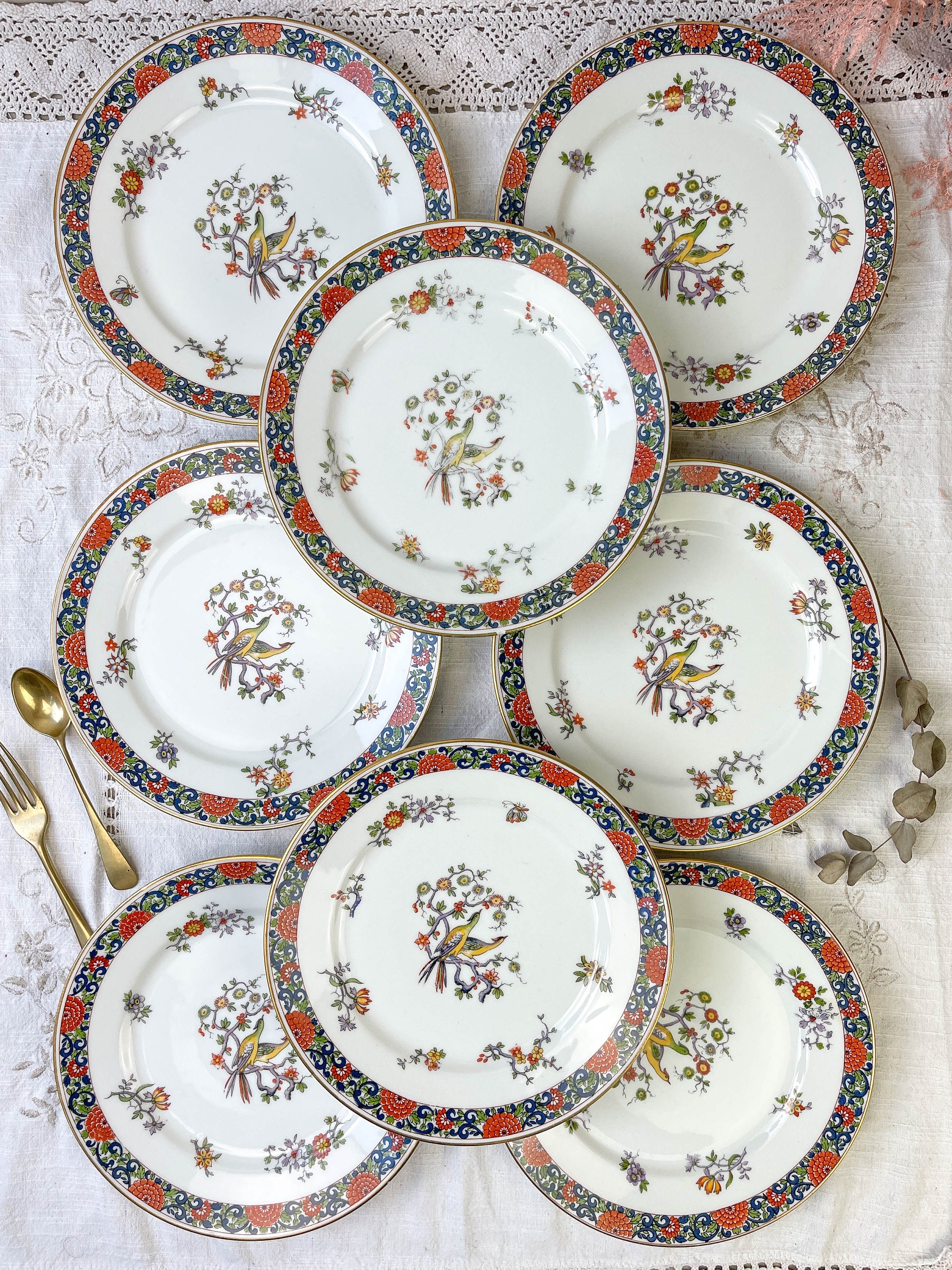 8 Assiettes Plates Porcelaine Chauvigny Limoges Motif Oiseau ~ Vaisselle Vintage Française Porcelain