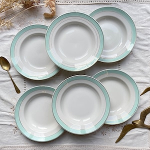 6 platos hondos vintage LUNEVILLE de loza blanca, verde y dorada - Vajilla francesa vintage - Plato hondo vintage de porcelana verde