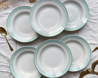 6 Vintage LUNEVILLE earthenware soup plates, white, green and gold - Vintage French tableware - Vintage green porcelain soup plate