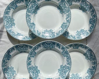 Set of 6 blue ironstone soup plates, "Marsala" pattern, Art Nouveau style, late 19th century – Vintage ironstone