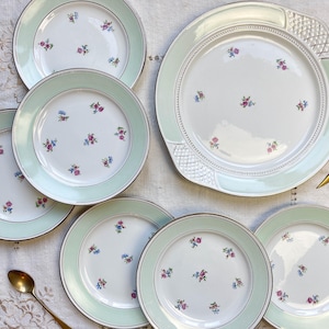 Petites assiettes + plat porcelaine vintage blanche verte fleurie SALINS 66 de 1950s - Vaisselle vintage fleurie - Vaisselle Française