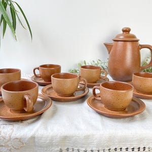 Vintage Speckled Stoneware Coffee Set Sarreguemines France 1950s - Vintage Stoneware Coffee Cups - Vintage Stoneware Teapot