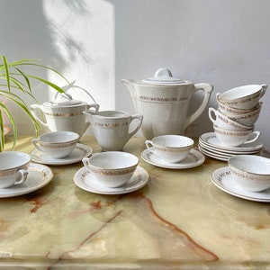 Vintage tea/coffee service in white gold porcelain Moulin des Loups model MADRID - Vintage French Porcelain coffee service
