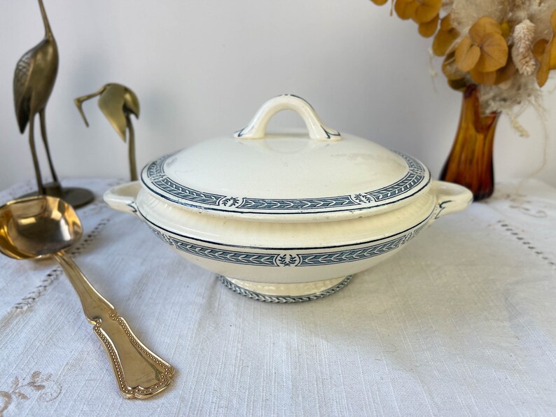 Small vintage soup tureen Terre de fer bleu SALINS "Castellane" model ~ Table service ~ Vintage dish ~ Vintage tableware Terre de fer image 3