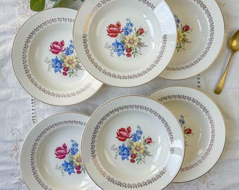 6 Vintage porcelain soup plates with floral pattern Sarreguemines 5261 - Vintage floral tableware - French tableware Vintage plates