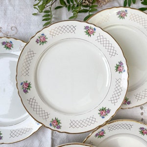6 Assiettes plates en faïence fleurie MOULIN DES LOUPS modèle &quot;Cordoue&quot; vintage ~ Assiettes fleurs rose doré ~ Vaisselle vintage Français