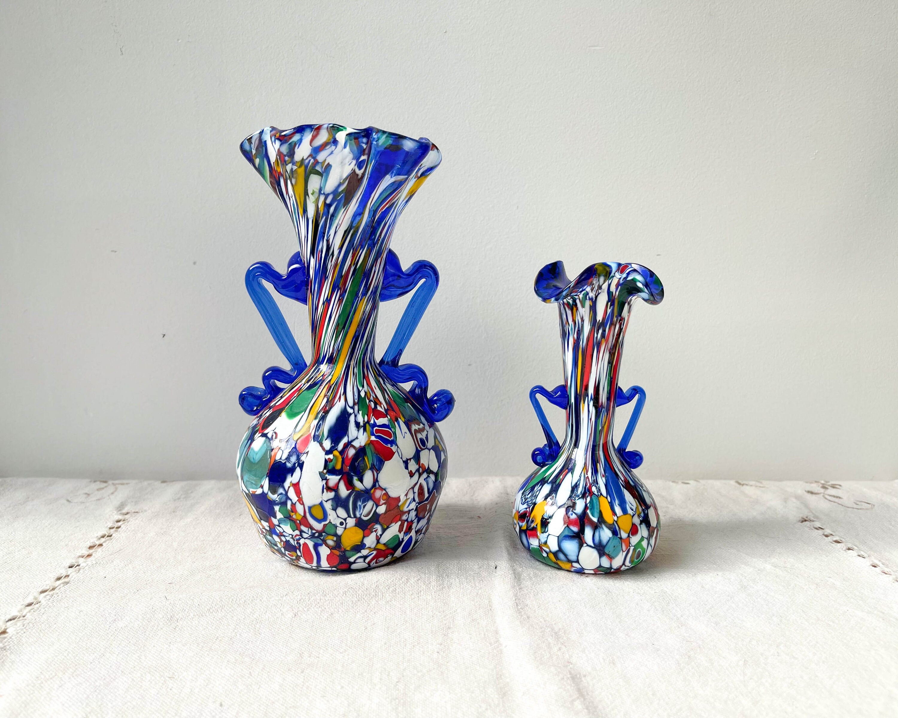 Vases en Verre Bleu de Murano Fratelli Toso Made in Italie 1920 ~ Soliflores Duo Vases Coloré Vases 