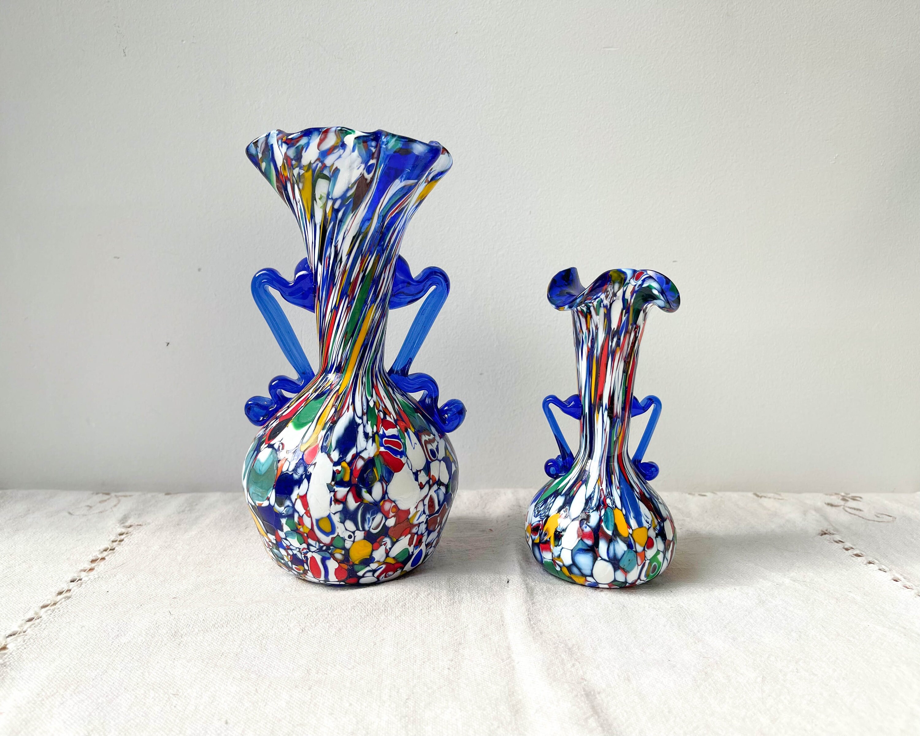 Vases en Verre Bleu de Murano Fratelli Toso Made in Italie 1920 ~ Soliflores Duo Vases Coloré Vases