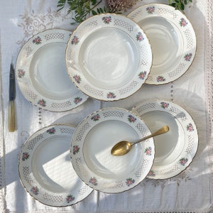 6 Assiettes creuses en faïence fleurie MOULIN DES LOUPS modèle &quot;Cordoue&quot; vintage ~ Assiettes fleurs rose doré ~ Vaisselle vintage Français
