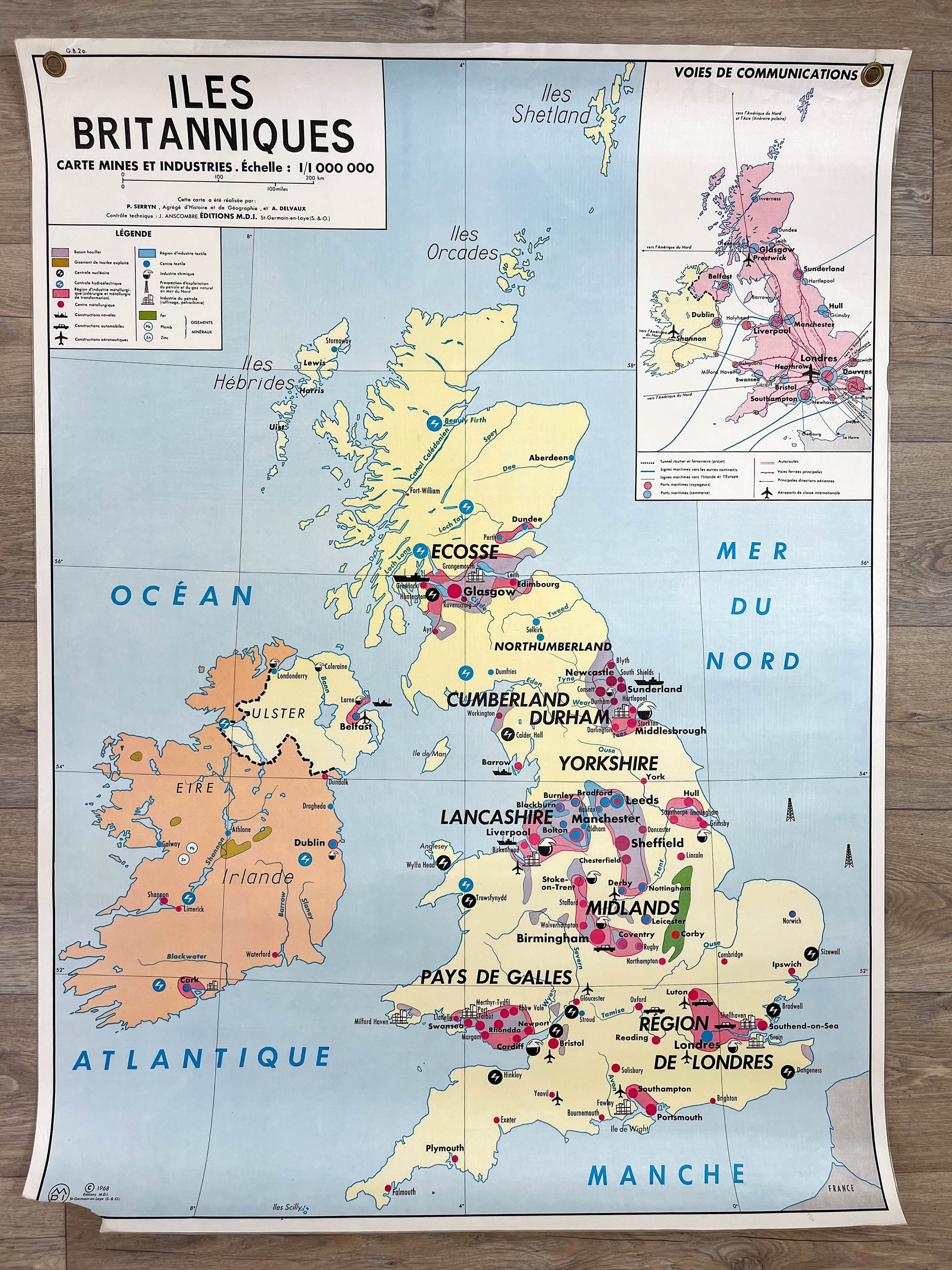 Carte Scolaire Vintage Benelux/Les Îles Britanniques Mdi Année 1968 ~ Ancienne Carte de Géographie D