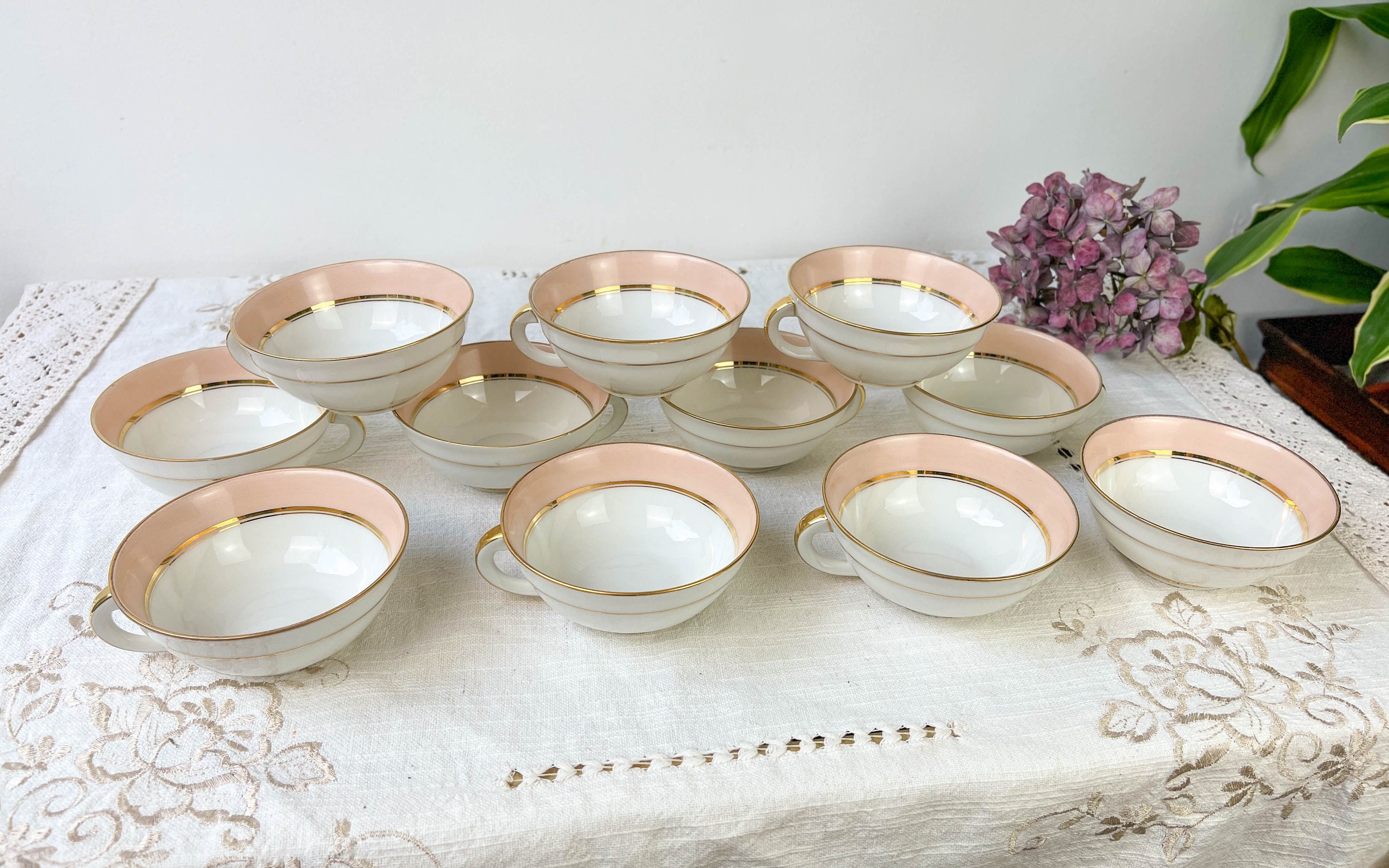 Service à Thé Vintage en Porcelaine Rose Doré Limoges ~ Service Café Porcelaine Française Tasses Thé