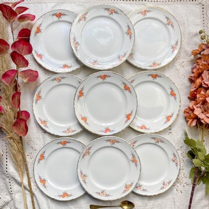 9 Petites assiettes vintage en porcelaine Moulin des Loups - motif fleuries orangé - Vaisselle française vintage
