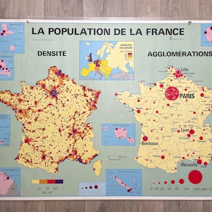 School Map "The Population of France" - M.D.I 1984 - Made in France - Old geography map - Wall decoration - Vintage poster