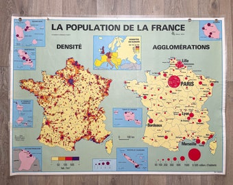 Mapa Escolar "La Población de Francia" - M.D.I 1984 - Hecho en Francia - Mapa geográfico antiguo - Decoración de pared - Póster vintage