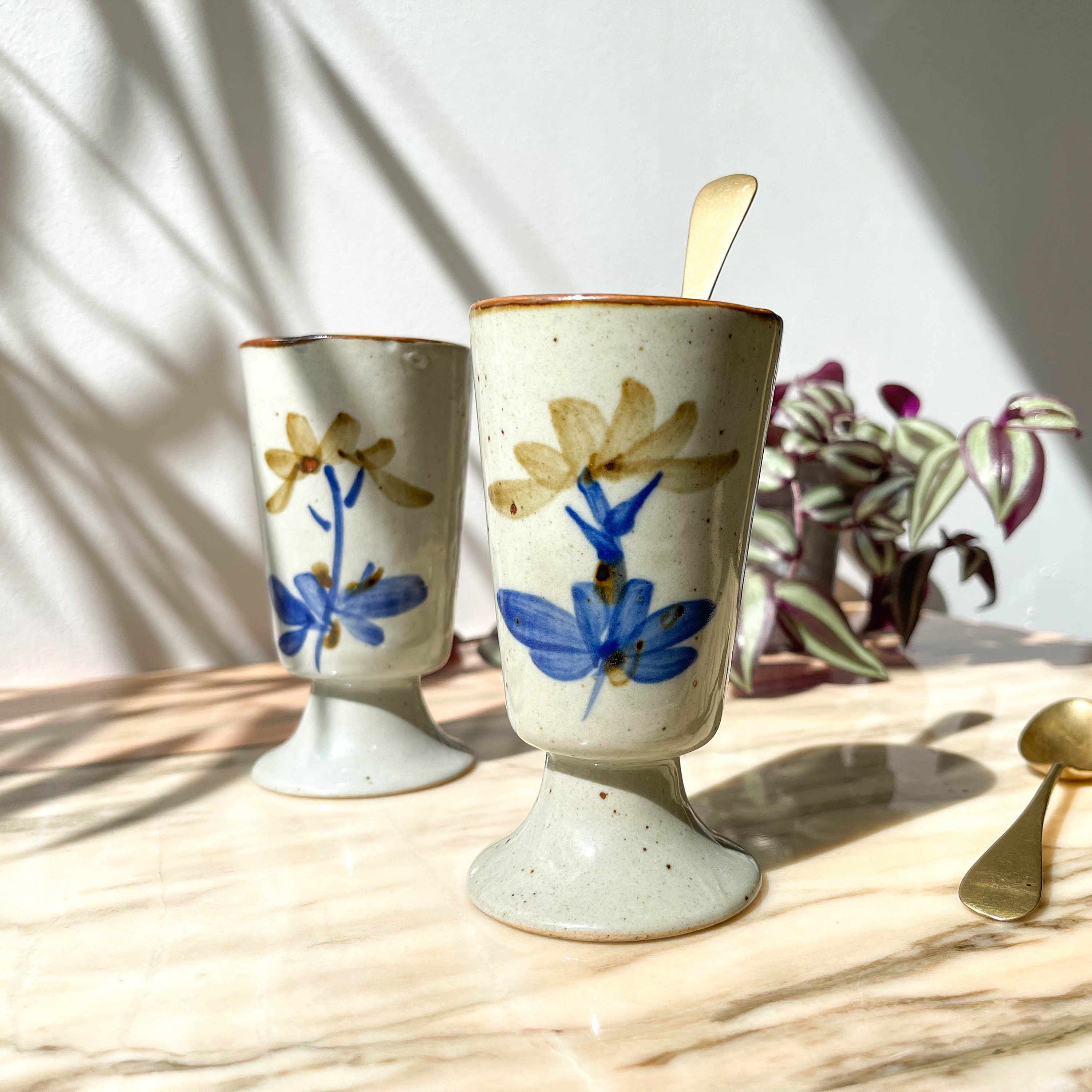 2 Mazagrans à Fleurs ~ Tasses Café en Grès Vintage Terre Thé Couple ~Cadeau Amoureux Cadeau Couple
