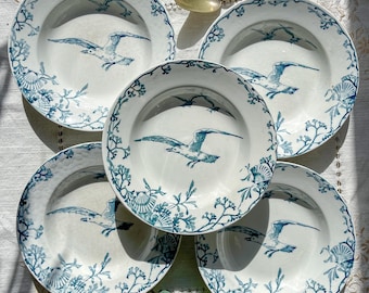 Rare set of 5 Gien blue earthenware soup plates – Bird and shell motifs – Vintage Terre de Fer