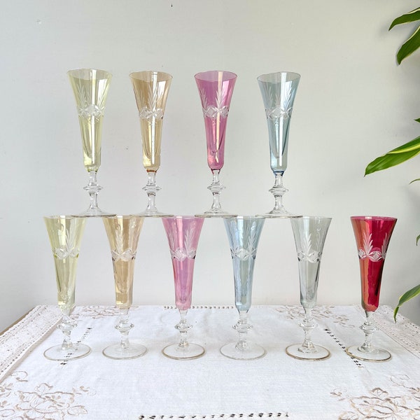 10 Vintage Colorful Chiseled Crystal Champagne Flutes - Vintage Crystal Stemmed Glasses - Vintage Champagne Coupe - Antique Crystal Glasses