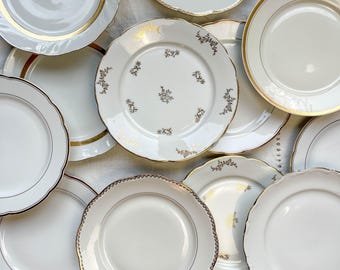 Plato llano de porcelana vintage blanca y dorada – se vende por unidad – vajilla antigua