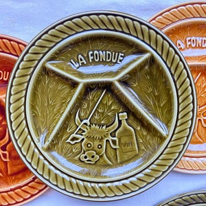 Lot De 6 Assiettes à Fondue Sarreguemines Vintage - Motif Vache, Jaune, Faïence, Années 90