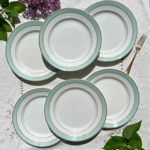 6 BADONVILLER flat plates in golden green white earthenware - French vintage tableware - Green opaque porcelain