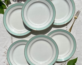 6 Assiettes plates BADONVILLER en faïence blanche verte dorée - Vaisselle vintage Française - Porcelaine opaque verte