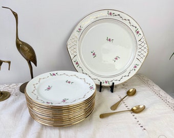 Porcelain dessert service L’AMANDINOISE Made in France ~ White porcelain service with small flowers pattern ~ Porcelain cake dish ~ Pie dish
