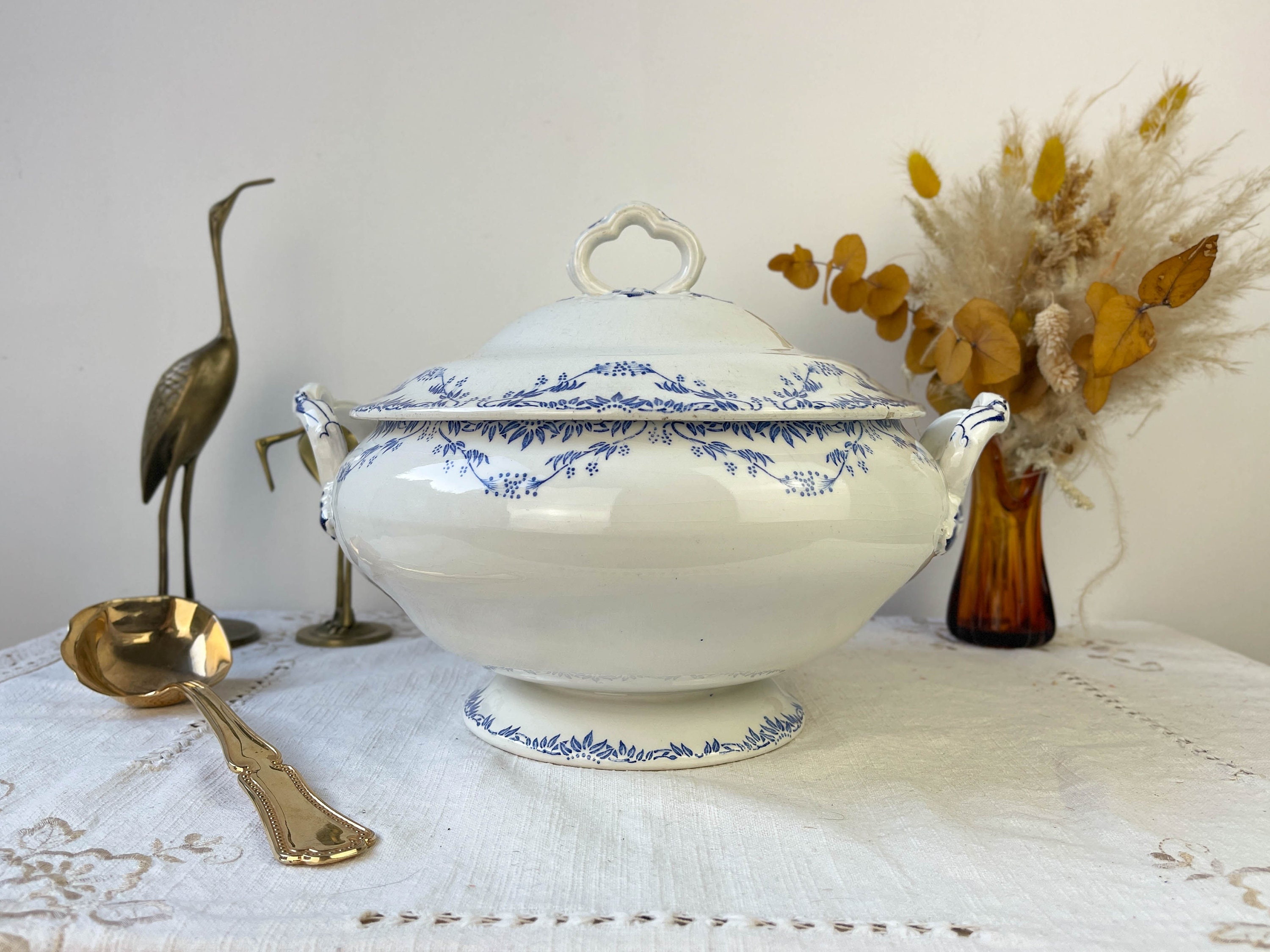 Soupière Vintage Terre de Fer Modèle Mireille Creil & Montereau Fleur Bleu ~ Service Table Plat Vais