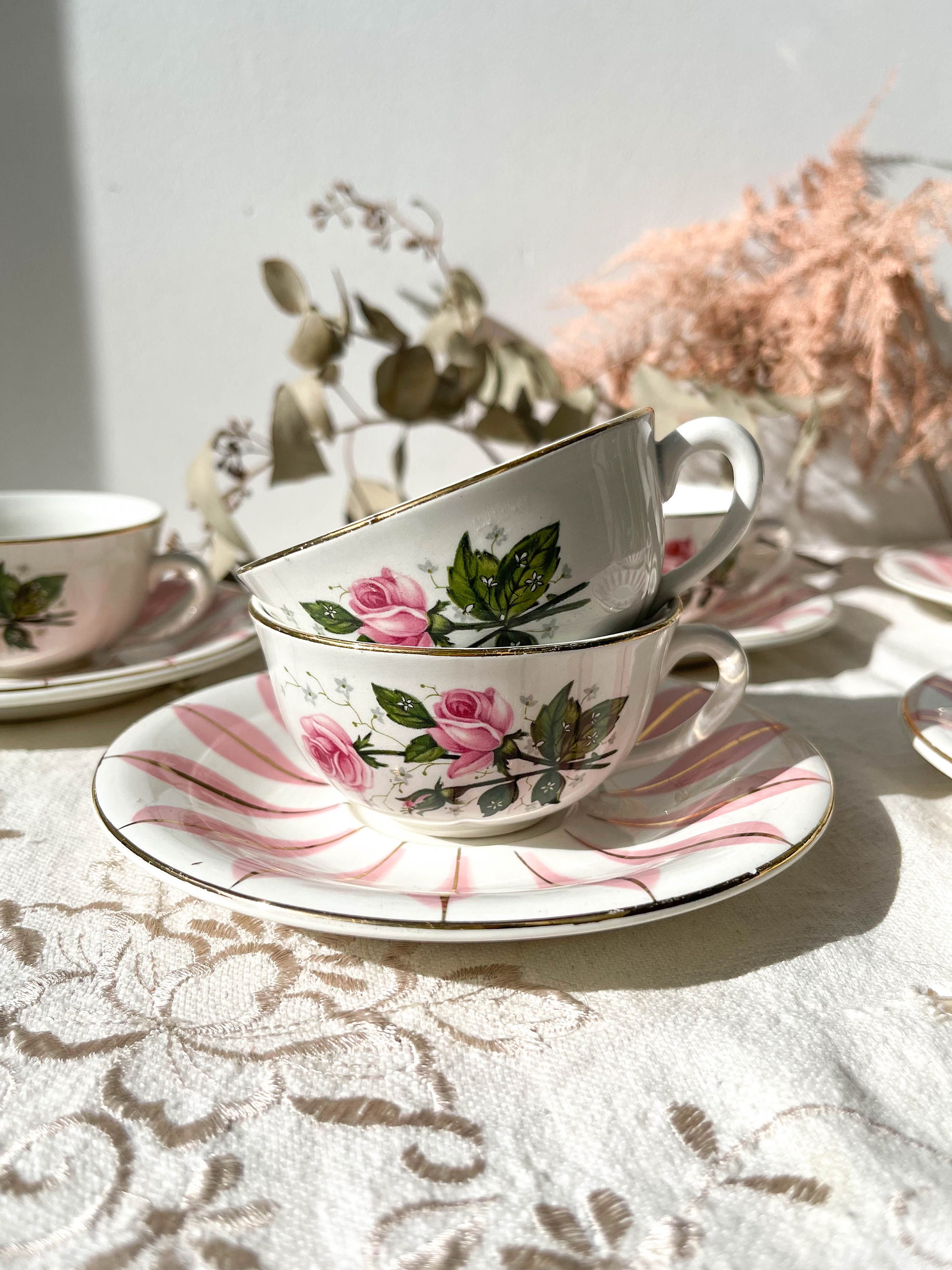 6 Tasses à Café Fleur Rose Digoin Sarreguemines ~ Service Vintage ~Tasses Thé Fleurs