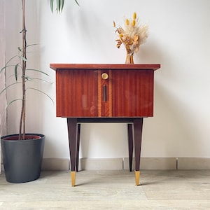 Vintage wooden and brass bedside table, 1950 - Scandinavian style bedside table - Vintage bedroom furniture from the 50s
