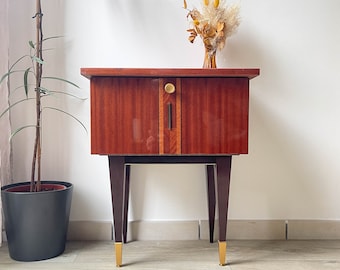 Vintage wooden and brass bedside table, 1950 - Scandinavian style bedside table - Vintage bedroom furniture from the 50s