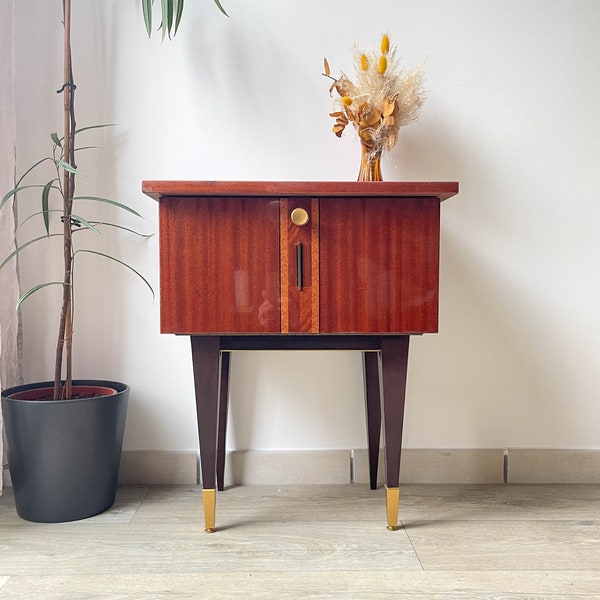 Table de chevet vintage bois et laiton, 1950 - Table de chevet style scandinave - Mobilier chambre vintage Année 50