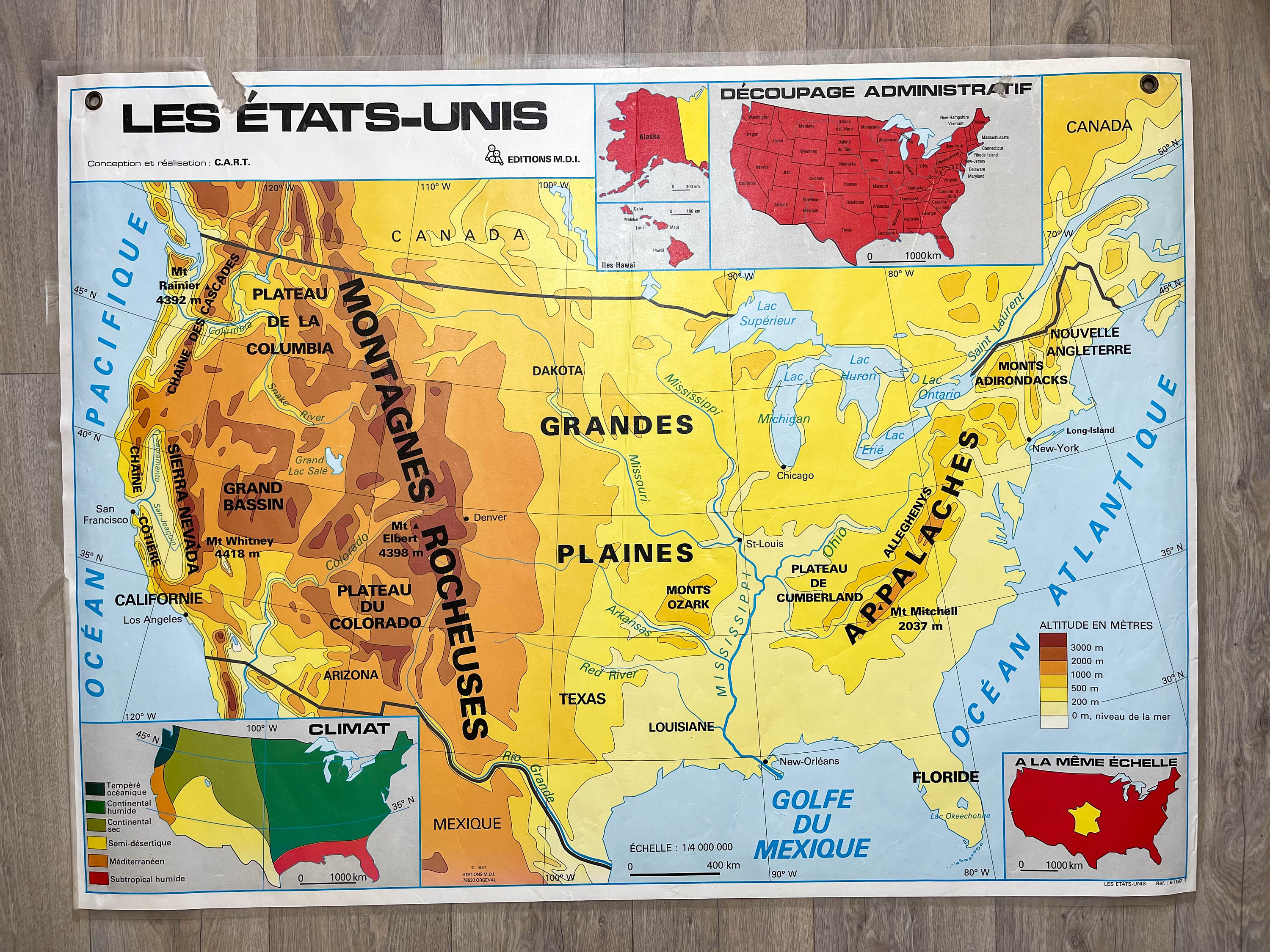 Carte Scolaire Vintage Les Etats-Unis Mdi Année 1987 ~Ancienne Carte de Géographie ~ Décoration Mura