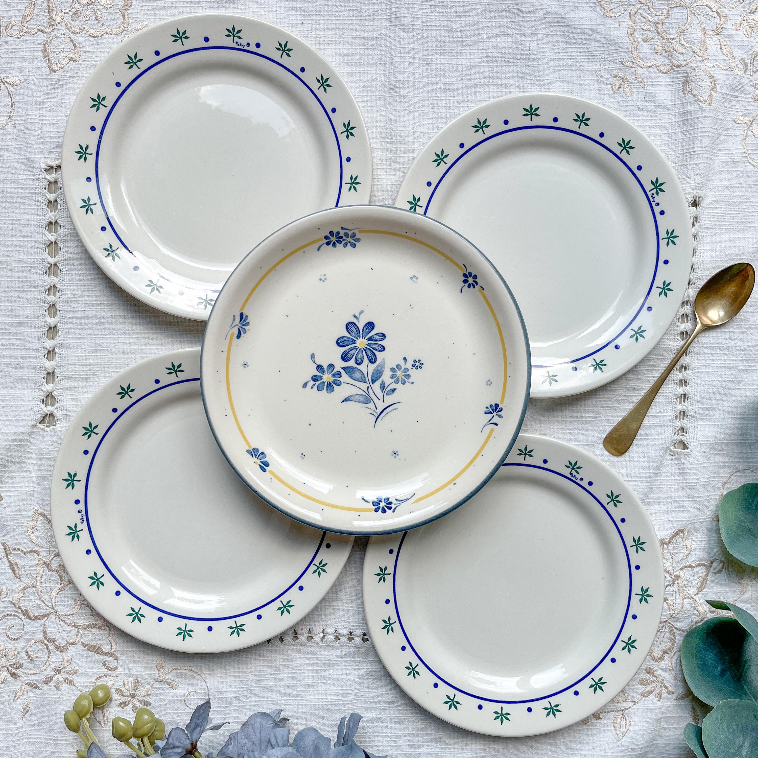 Service de table vintage Art déco français 12 couverts, bleu et jaune moutarde, ensemble de 43 pièces - France