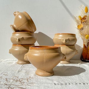 6 Vintage Emile Henry Ceramic Lion Head Onion Soup Bowls - Beige and Honey, Made in France - Elegance and Tradition