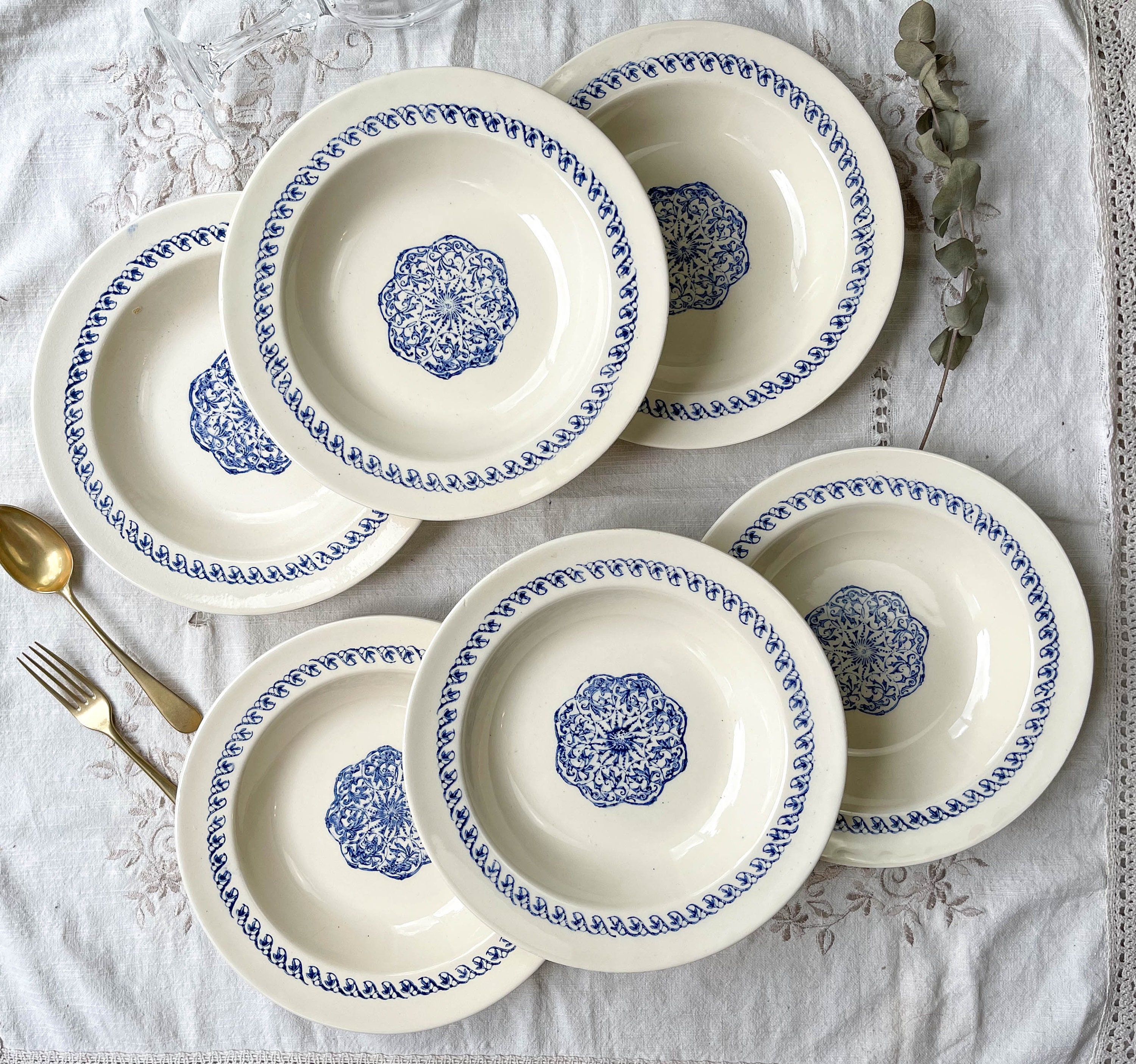 6 Assiettes Creuses Adp Limoges Rosace Bleu ~ Vintage Blanche Vaisselle Française Antique Plates