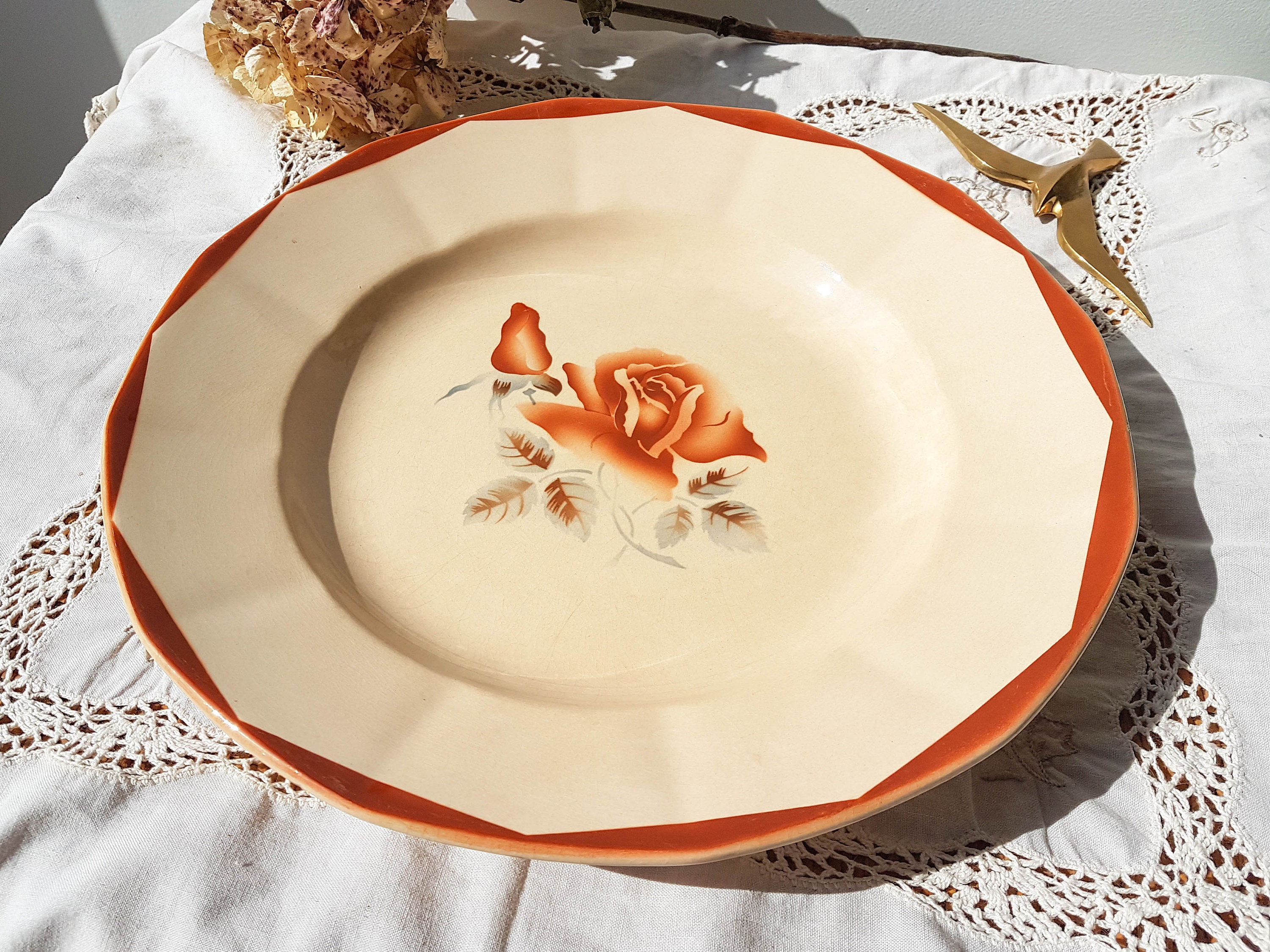 Ancien Plat Digoin Sarreguemines ~ à Gâteau Motif Rose Vaisselle Vintage Made in France