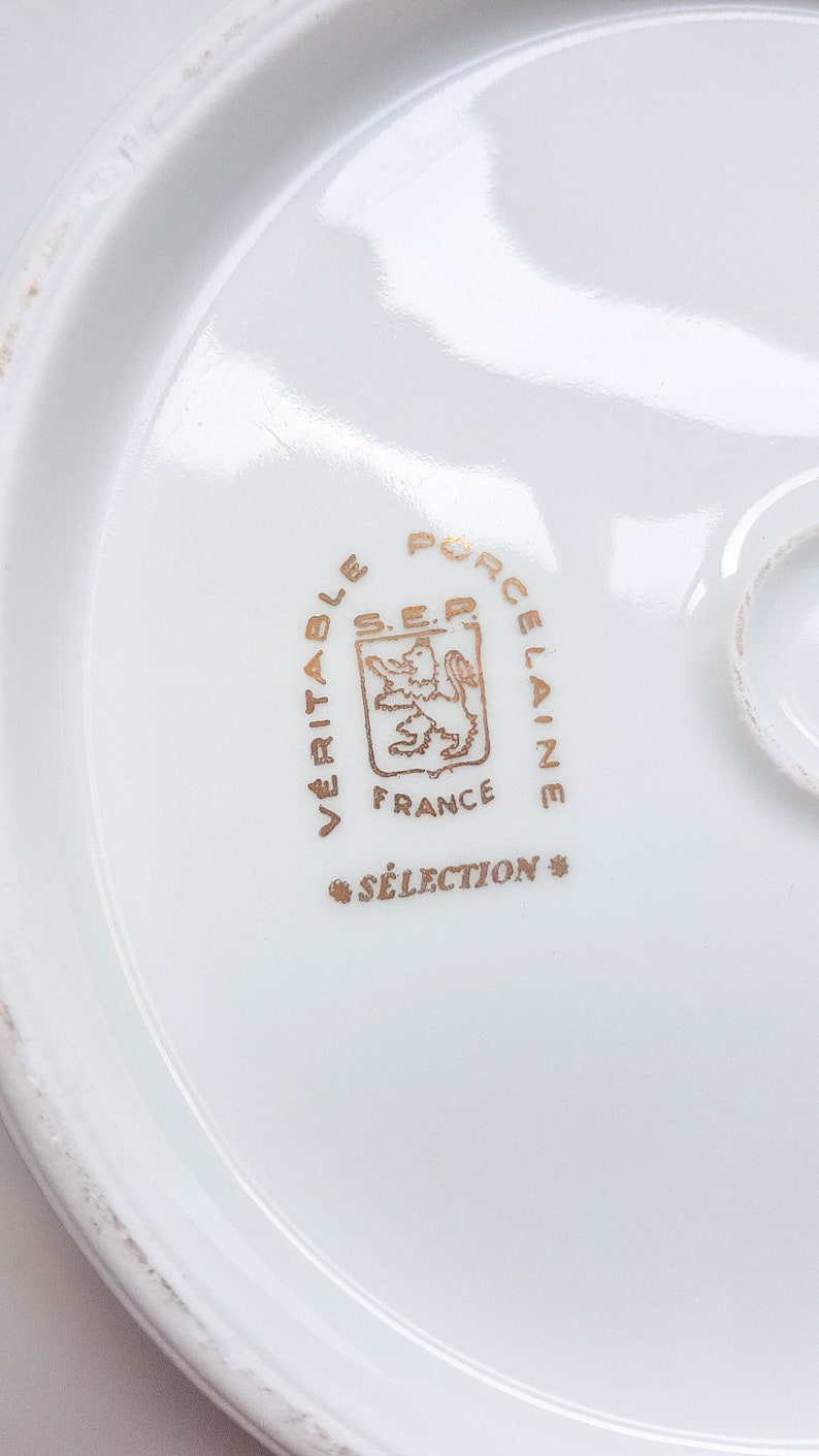 Large round white golden dish Genuine porcelain SEP France selection Tray Centerpiece Tableware vintage Mid century Wedding Deco