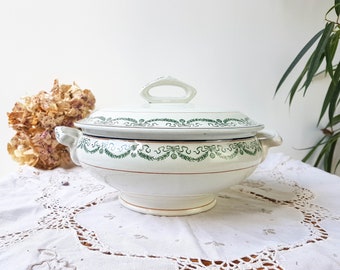 SAINT AMAND soup tureen "5006" Iron earth tureen Blue green decor ~ Old dish ~ French Antique TRANSFERWARE