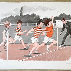 Ancienne affiche scolaire Française MDI, 1970 : Chien, chat / Course école - Affiche scolaire illustrée vintage - Décoration murale vintage