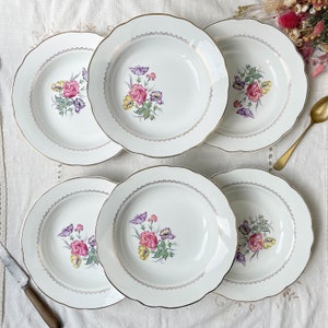 6 DIGOIN and SARREGUEMINES porcelain soup plates, Rene model, made in France 1950 - Vintage French tableware - Flowery plates