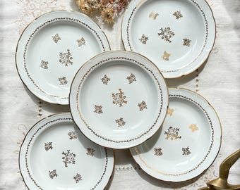 5 Vintage French porcelain soup plates with golden flower pattern Vierzon C.G - Vintage tableware - Golden porcelain soup plate