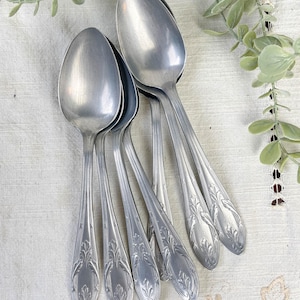 Conjunto de 7 colheres de sopa de alumínio de prata vintage - utensílios de mesa banhados a prata antigos