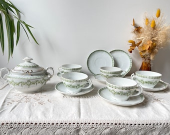 Service à thé/café vintage en porcelaine blanche verte doré XIXème siècle - Service à café vintage Porcelaine Française - Tasses